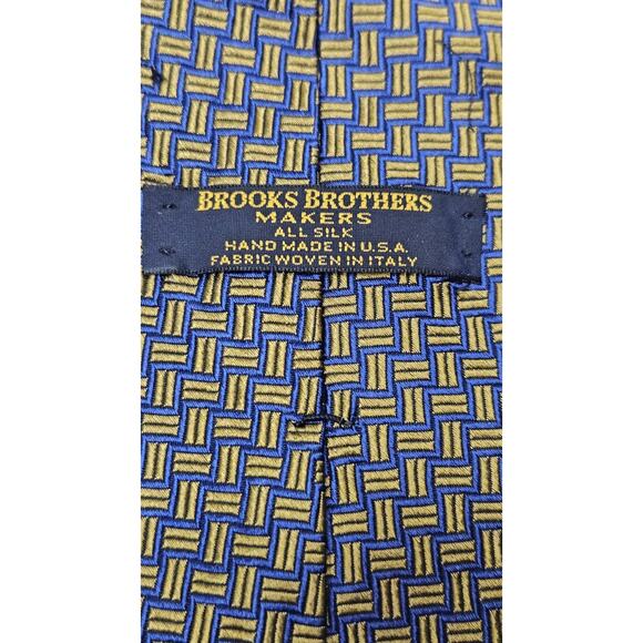 Brooks Brothers Makers USA + English Silk Navy Blue w/Yellow Jacquard Tie - Picture 5 of 5